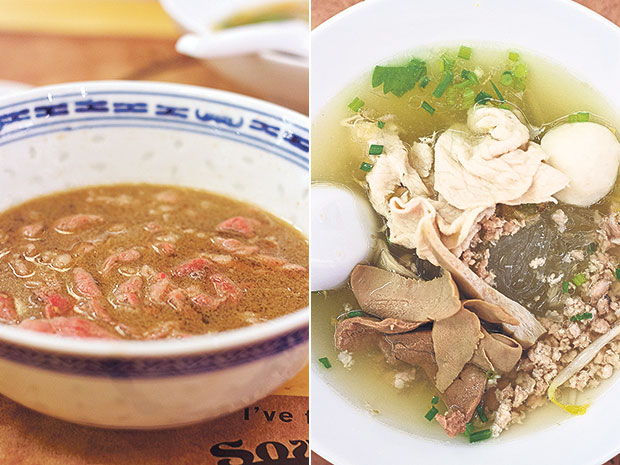 Beef broth with sliced Australian Wagyu beef (left). Nuer Koo’s pork noodle soup, with sliced pork, minced pork and even pork innards (right).