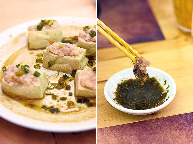 Steamed tofu stuffed with minced pork (left). Dip the pieces of beef or pork in this spicy chilli-vinegar paste made from pounded dried chillies (right).