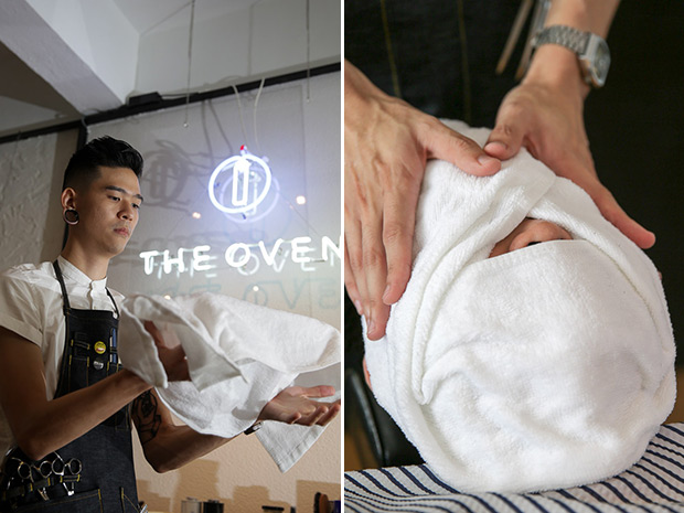 Tan cools the hot towel fresh from the oven (left). Wrapping the hot towel over the client’s face (right).