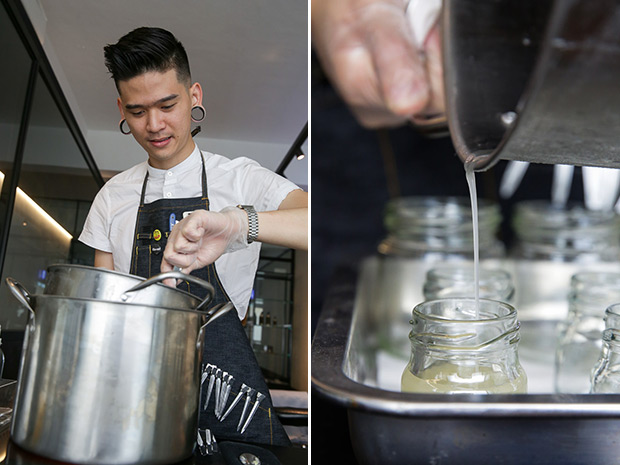 Mixing the pomade ingredients together (left). Pouring the slightly cooled pomade mixture into jars (right).