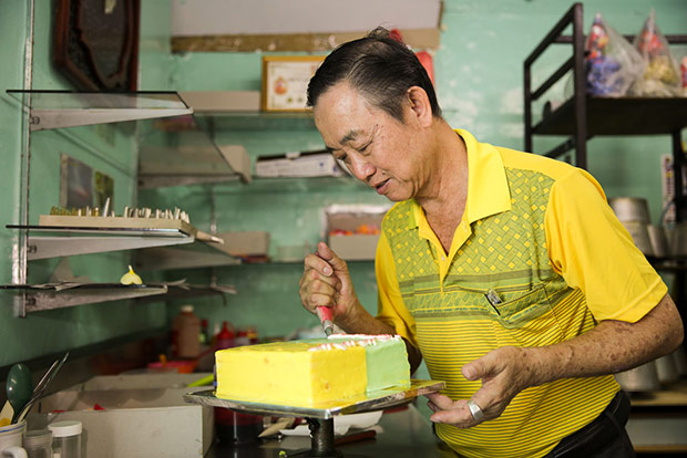 Cheng is very hands-on at the cake shop, decorating all the cakes himself.