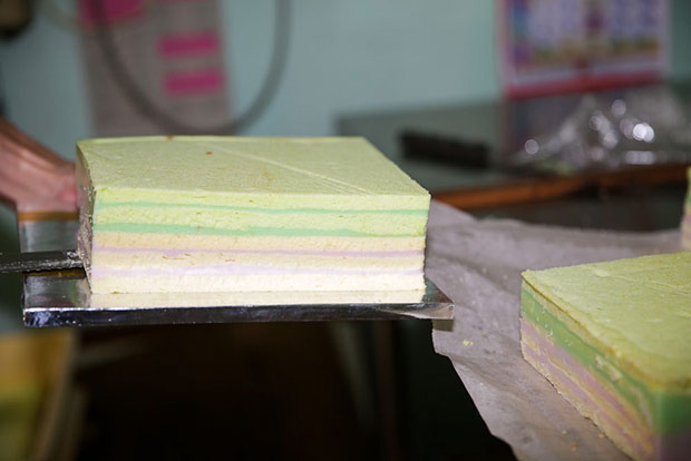 The best of both worlds in one cake... pandan and yam layers.