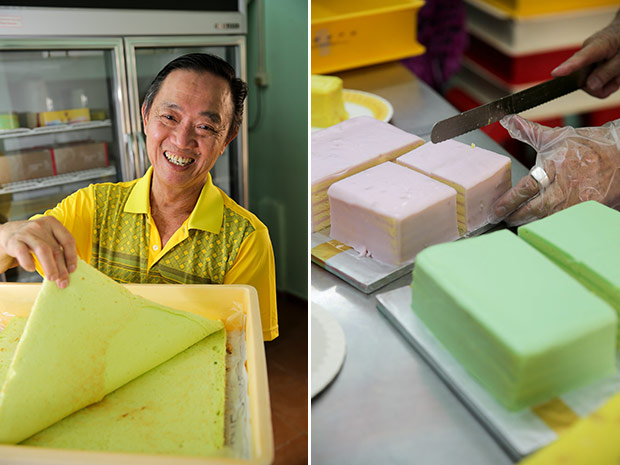 What makes the pandan layer cake special here is the cake is stronger than a typical sponge variety hence it holds up the thicker frosting without breaking (left). The yam layer cake has delicious yam bits inside the frosting (right).
