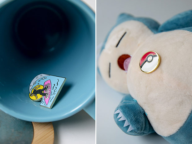 Catch the Waves pin from Pantun Pins’ first collection (left). The Pokeballin’ pin is great for catching Snorlax (right).