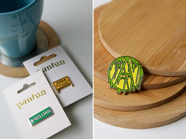 Signs to live by immortalised on pins (left). One of their tie-ups was this Slimey 'A' pin with Against Labs (right).
