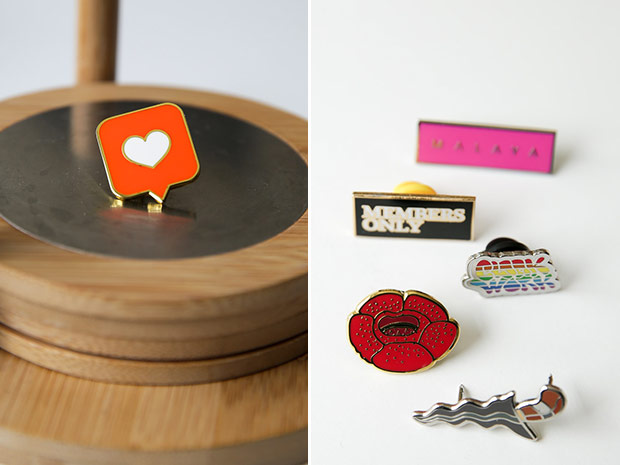 Spread your love via the Double Tap pin (left). The pins are good as a fashion accessory or just to show your support for what you love (right).