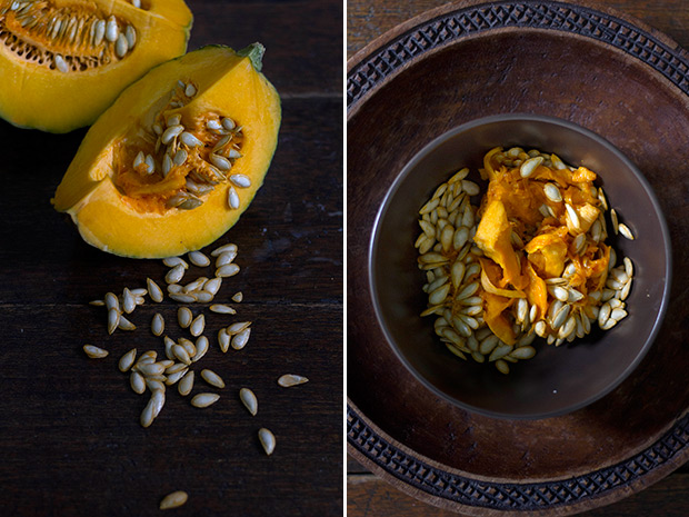Pumpkin is the very essence of autumn (left). Don’t throw away the pumpkin seeds — they can be dried and toasted for snacking (right).