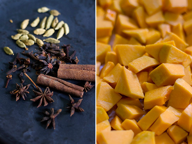 A homemade spice mix that includes cardamom, cloves, star anise and cinnamon (left). Cubed pumpkin ready for baking (right).