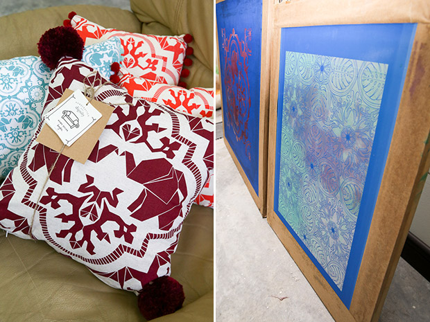 The Mahagajah was the first print that the trio came up with (left). Their fabrics are made by hand, by applying paint over these silkscreen printing blocks (right).