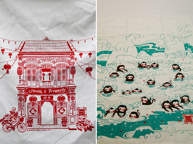 A Chinese heritage building takes centrestage in this festive print for a tea towel (left). Last year’s Chinese New Year special featured a print of Japan’s famous snow monkeys (right).