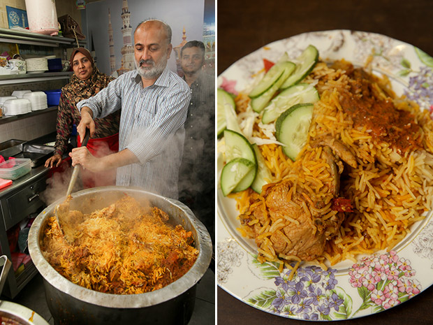 Mohd Hanif with his special chicken biryani (left). A plate of fluffy chicken biryani for Friday lunch with cucumbers (right).