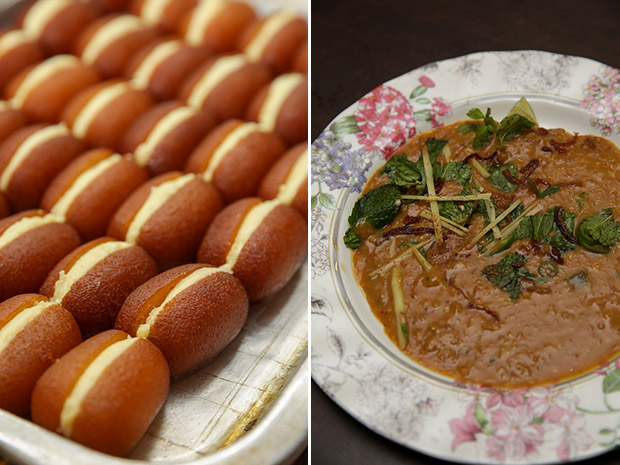 Decadent gulab jamun filled with fresh cream (left). A must eat on Friday is the comforting haleem (right).