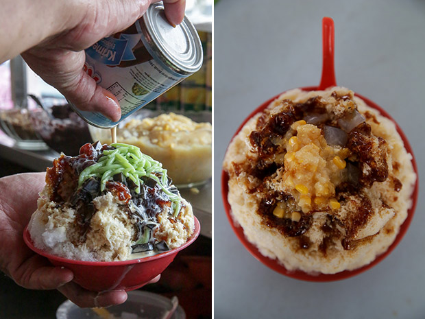 Each bowl of fluffy ice is topped with goodies (left). Cool down with a bowl of Fatty Loong’s ais kacang (right).