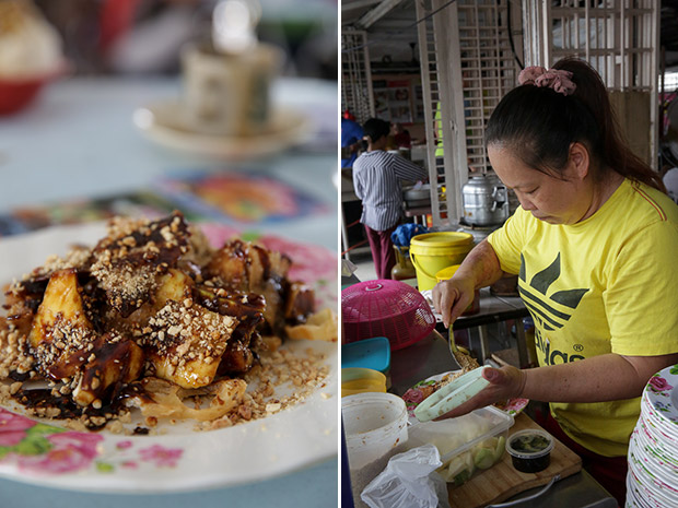 Fruit rojak is prepared with a sauce brought in from Penang (left). Sally Lok prepares her fruit rojak (right).