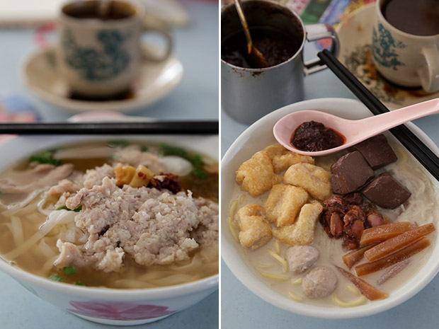 Full of comfort: a bowl of pork noodles with the tender pork patty and rich pork broth (left). White curry mee is prepared Penang style with a dollop of fragrant and spicy chilli paste (right).