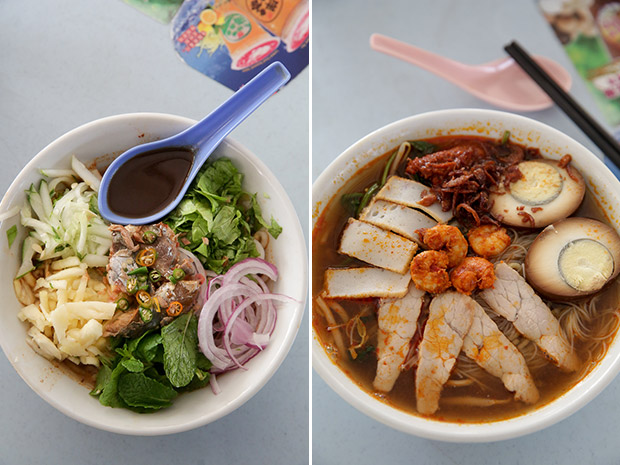 The assam laksa served here with ikan kembung is spicy and tangy (left). The delicious prawn mee is a weekend special worth rolling out of bed (right).