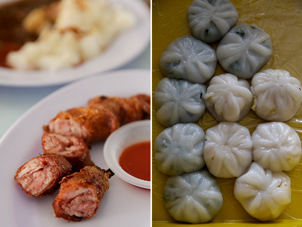 Brought in from Penang, the lorbak is tender with five-spice powder and a crispy bean curd skin (left). Chai kuih is made locally by a person who used to live in Bukit Mertajam (right).