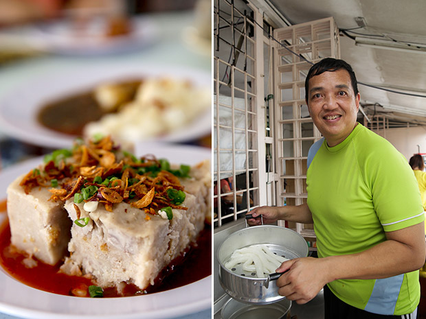 You can also get steamed taro cake at the stall (left). Penangite Eric Looi runs the chee cheong fun stall that also sells lorbak, chai kuih and taro cake (right).