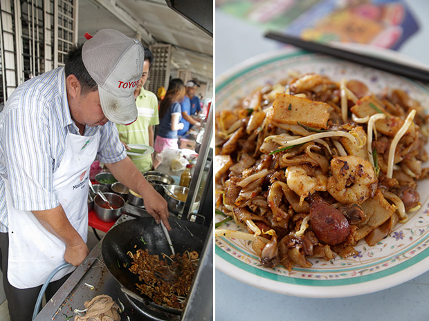 Air Itam native Song Chin Lye runs the char kway teow stall (left). A plate of char kway teow has sliced Chinese wax sausages, cockles, fishcake slices and prawns (right).