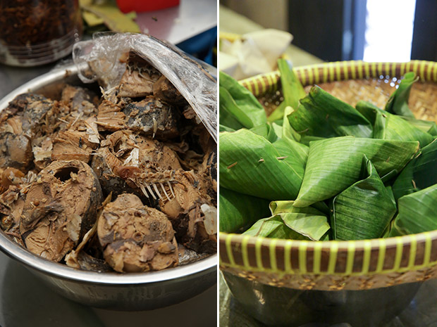 The eatery prefers to use the pricier ikan tongkol hitam that has a softer flesh (left). Nasi dagang is packed in banana leaf parcels to impart a lovely fragrance to the rice (right).