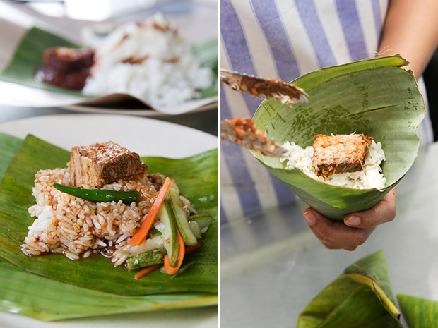 The nasi dagang is cooked the authentic Terengganu style (left). Packing the nasi dagang to form a banana leaf triangle (right).