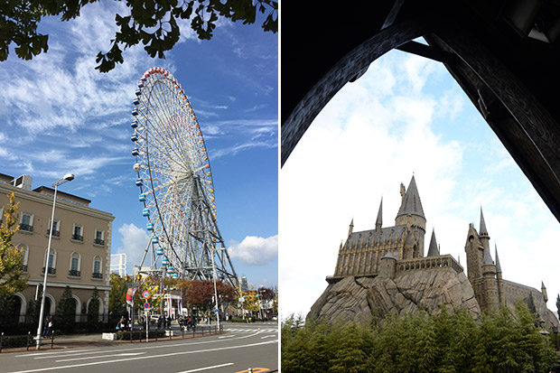 The Tempozan Ferris Wheel next to the Kayukan Aquarium (left). Hogwarts at the Wizarding World of Harry Potter (right).