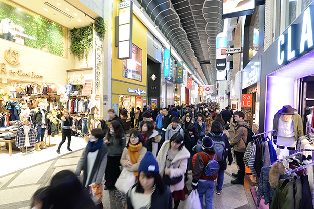 Shinsaibashi Suji that is perpetually crowded especially in the evenings.