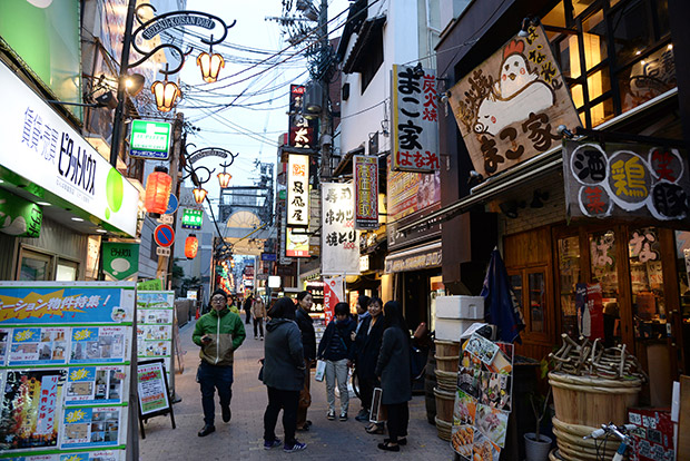 Spillover of restaurants along one of the roads near the Dotonbori area.