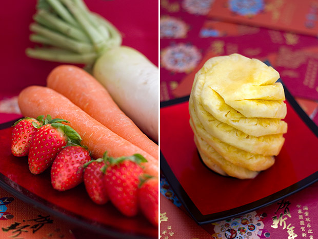Besides the traditional vegetables, why not add some fruits such as strawberries to your yee sang? (left). In Hokkien, pineapple or ong lai sounds like “Fortune’s coming” (right).