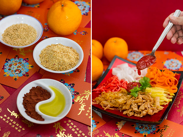 Toppings such as crushed roasted peanuts, toasted sesame seeds, Chinese 5-spice powder and oil also come with their own auspicious wishes (jixiang hua) (left). Pour some homemade strawberry sauce to make your yee sang fruitier (right).