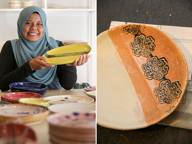 Rozana takes pride in the fact that Bendang’s designs are all created by hand, every step of the way (left). Stamping results in embossed motifs like this (right).