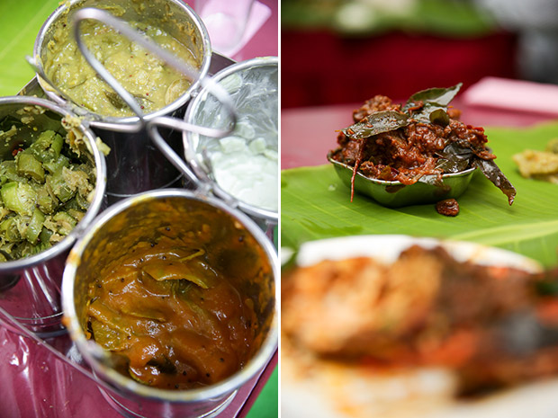 Everyone’s favourite is the mango patchadi (bottom) (left). For a spicy kick, try their mutton varuval (right).