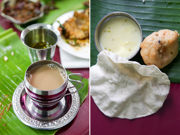 End the satisfying meal with hot Masala tea (left). Pappadum and vadai taste awesome when paired with payasam (right).
