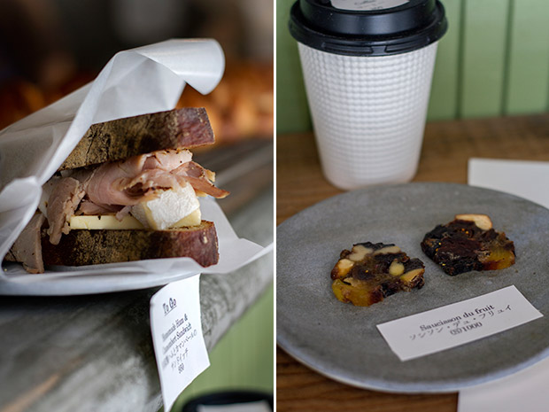 PATH’s signature Ham & Camembert Sandwich (left). Enjoy these chewy saucisson des fruit secs with a cup of coffee to go (right).