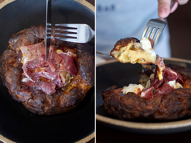 The made-to-order Dutch Baby with uncured ham and burrata cheese (left). Crisp and fluffy on the outside, eggy and soft on the inside (right).