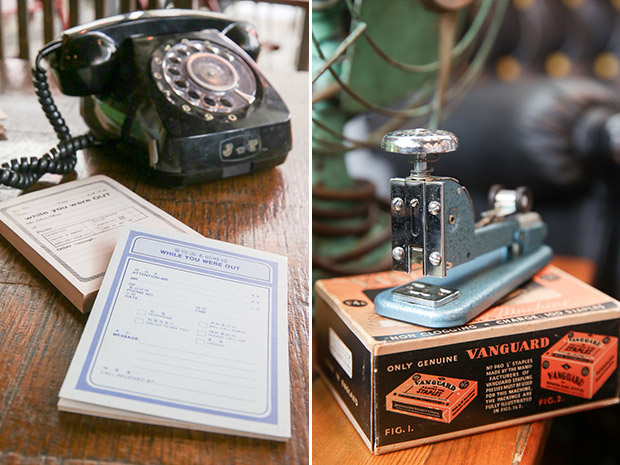 Message pads with old fashioned fonts (left). The vintage finds like this stapler are still functional (right).