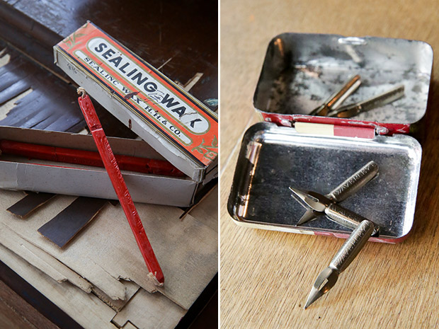 These wax seal sticks keep all your letters confidential with a wax seal on the envelopes (left). These Waverly calligraphy nibs have been out of production since the 1950s (right).