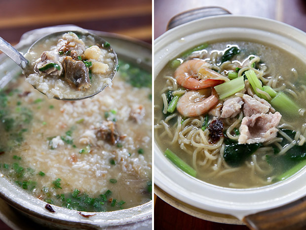 It takes about 45 minutes for this claypot Shenggu pork rib porridge to be cooked for its satisfying and comforting flavour (left). Served in a claypot, the noodles have a nice bouncy texture and is delicious with prawns, pork slices and vegetables (right).
