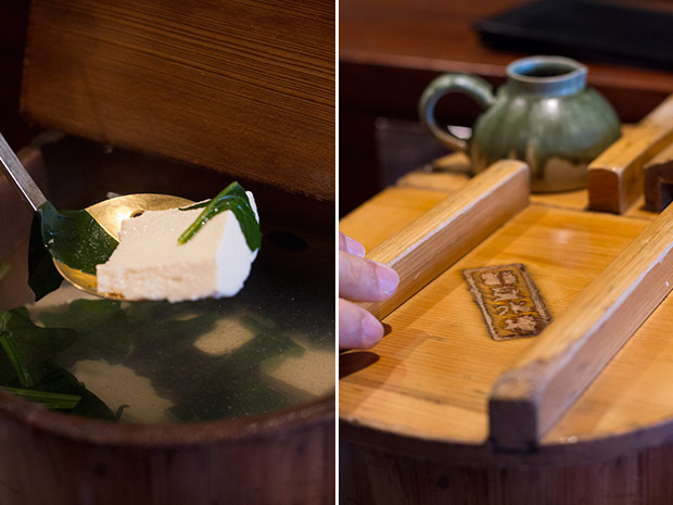 Ladling cooked slabs of oboro-yudofu (left). Oboro-yudofu arrives in a handmade cypress wood container (right).