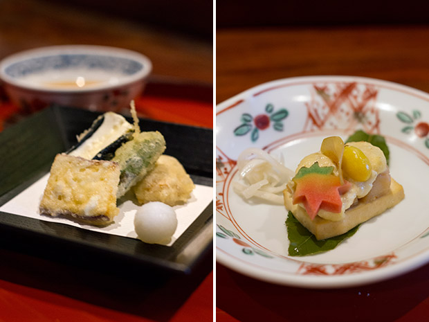 Tempura-fried nori-wrapped tofu (left). Baked tofu topped with ginkgo and rainbow-striped kamaboko (cured fish cake) (right).