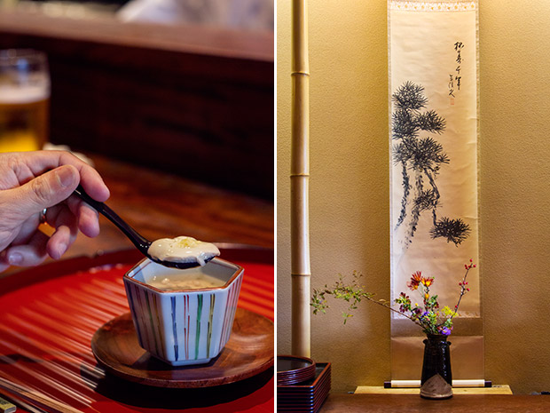 Warm up with some chawan mushi made with tofu (left). Ikebana flower arrangement and a painted scroll on the wall (right).