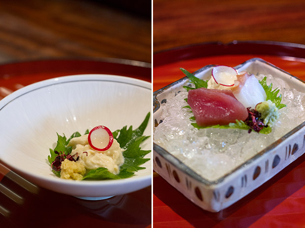 Freshly made and chilled yuba (bean curd skin) (left). Yuba served with slices of sashimi (right).