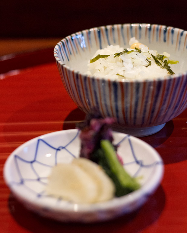 Tofu-flecked rice and tsukemono (Japanese pickled vegetables).