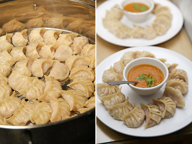 Hot from the steamer, these Momos take over two to three hours to prepare (left). A highlight of the private kitchen is the delectable pork Momos served with Sumnima’s special tomato chutney (right).
