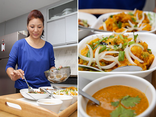 For more than 20 years, Sumnima has been cooking with their family recipes and experimenting on her own (left). One of the appetisers served is Aloo Ku Achar, lightly pickled potatoes with fenugreek seeds (right).