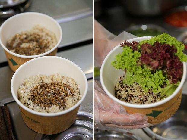 Choose a base in Paperfish, whether it is white rice, brown rice, quinoa or just baby greens (left). Adding the vegetables to the poke bowl at Paperfish (right).