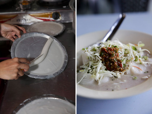 The rice floor sheets are peeled off with a knife (left). The laksam is served with ulam, spicy sambal and creamy fish gravy (right).