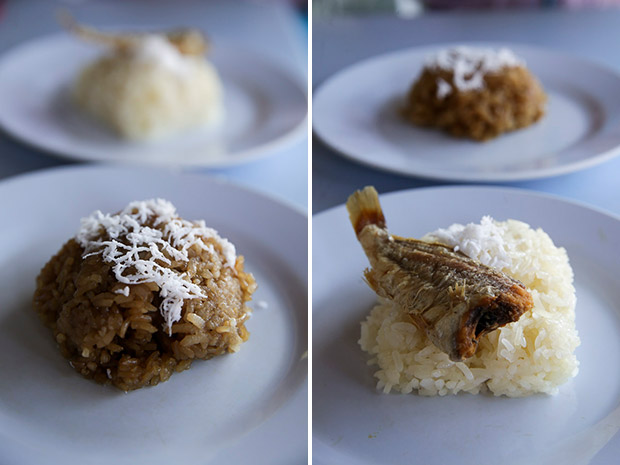 Pulut pagi with freshly grated coconut is the quintessential Kelantan breakfast (left). For a savoury start to the morning, try the pulut ikan masin (right).