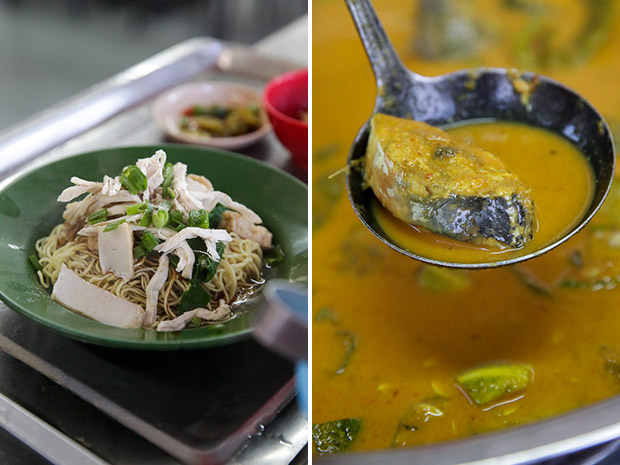 Mee wantan kicap topped with shredded poached chicken (left). One of the dishes from the afternoon spread includes fish cooked in tempoyak (right).