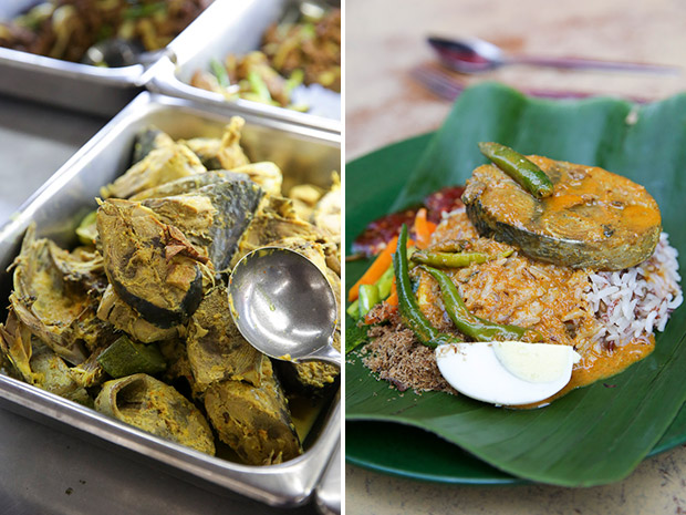 One of the fish dishes to be eaten with rice (left). Nasi dagang is served with ikan tongkol curry, pickled chillies and vegetables (right).